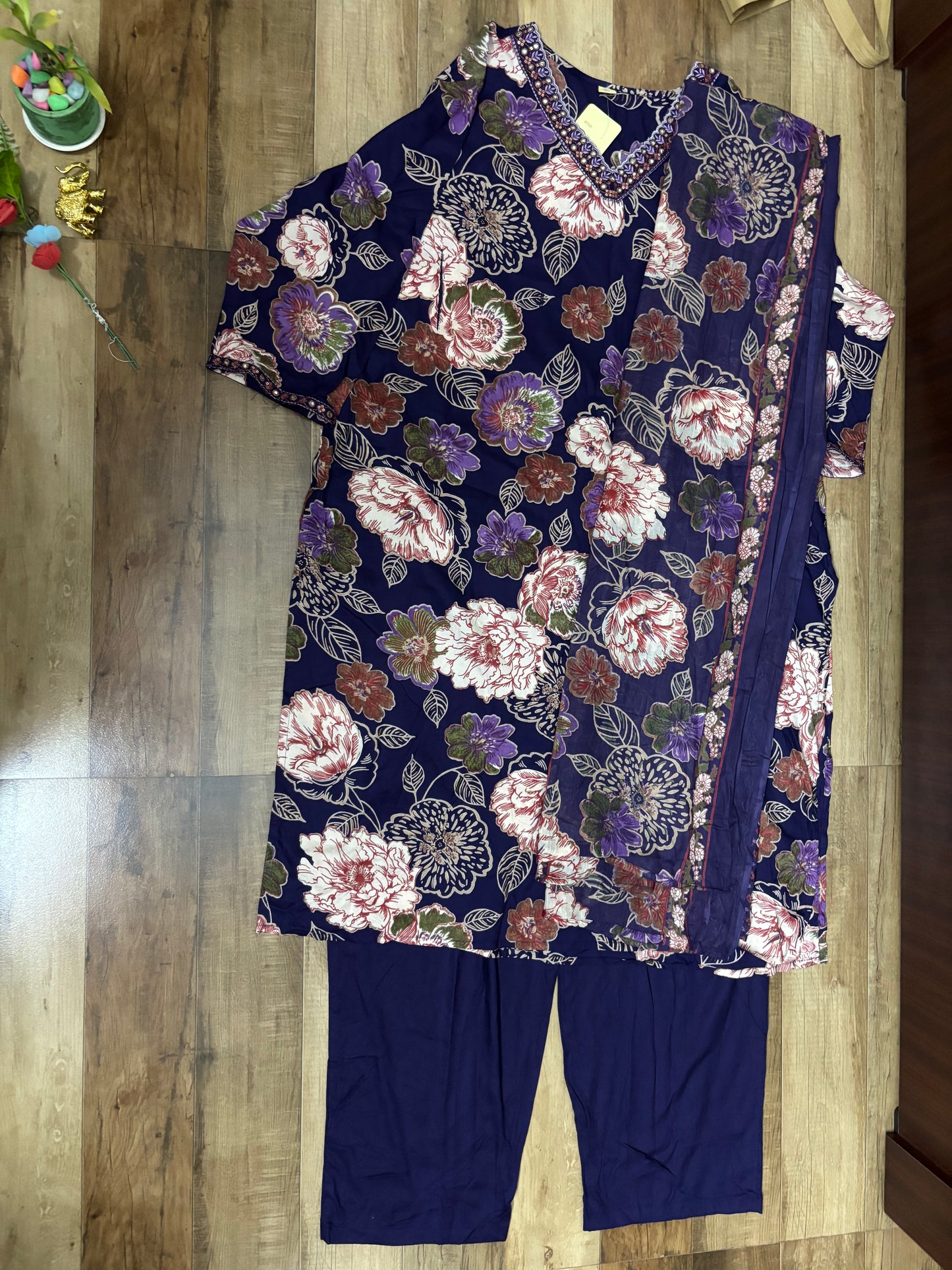 Purple Cotton Three Piece Kurti Set
