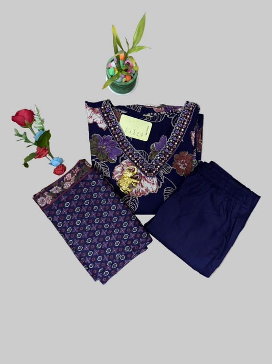 Purple Cotton Three Piece Kurti Set
