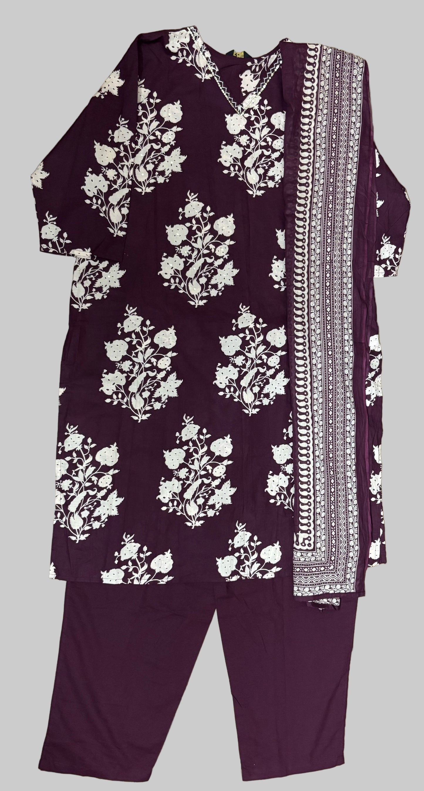 Maroon Cotton Three Piece Kurti Set