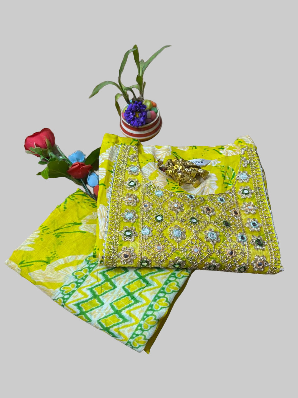 Lemon Yellow Cotton Gown with Duppatta