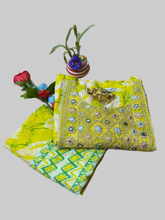 Lemon Yellow Cotton Gown with Duppatta