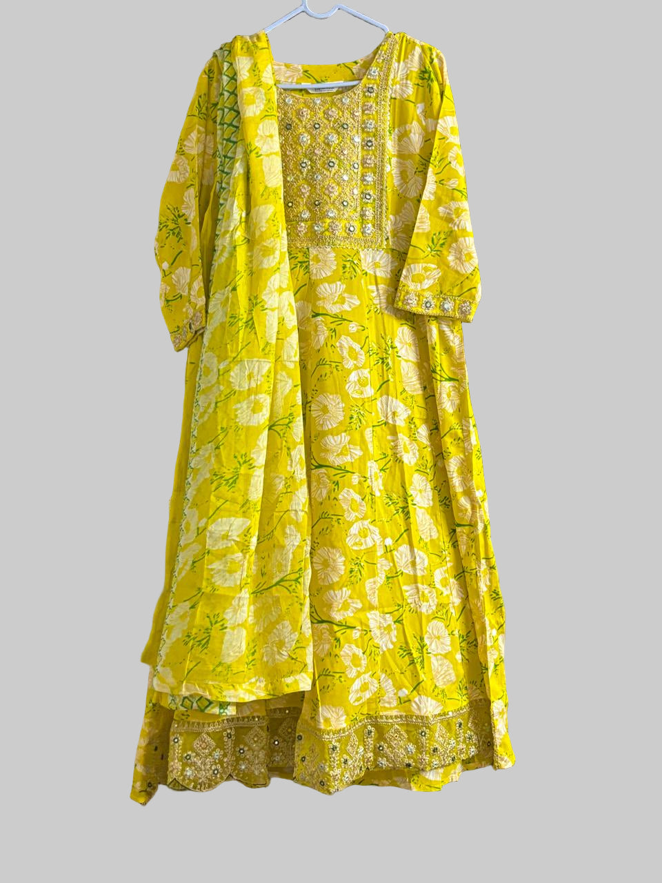 Lemon Yellow Cotton Gown with Duppatta