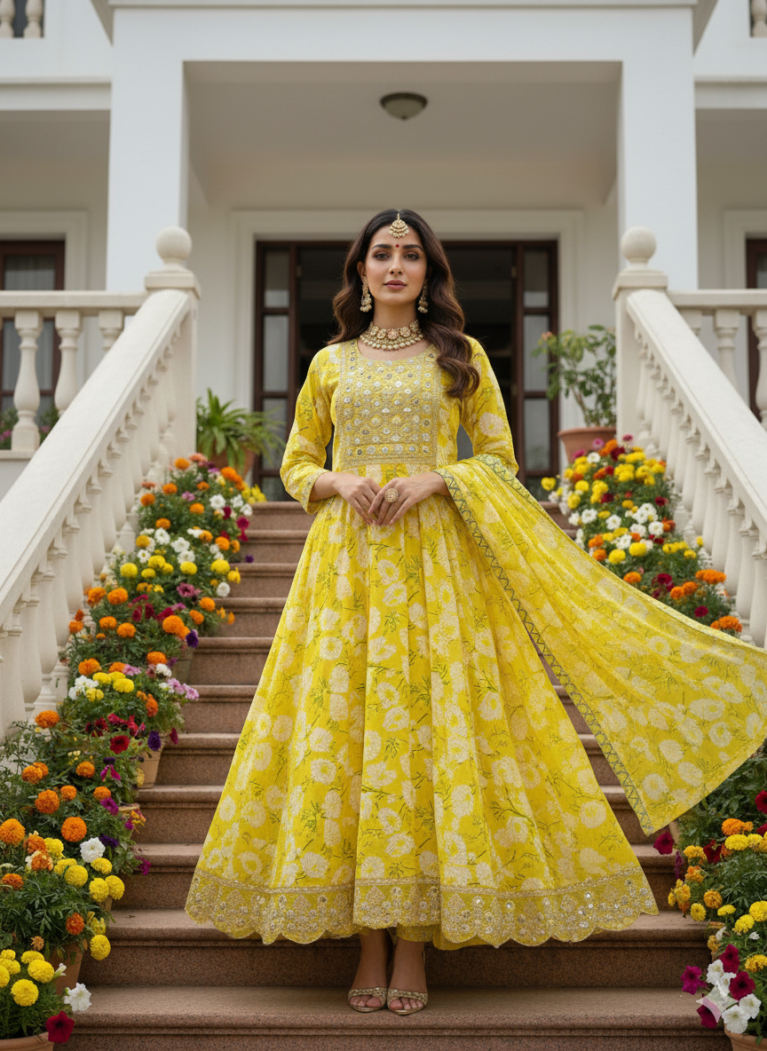 Lemon Yellow Cotton Gown with Duppatta