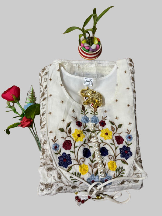 Off-White Embroidered Long Kurti Top with Lacework