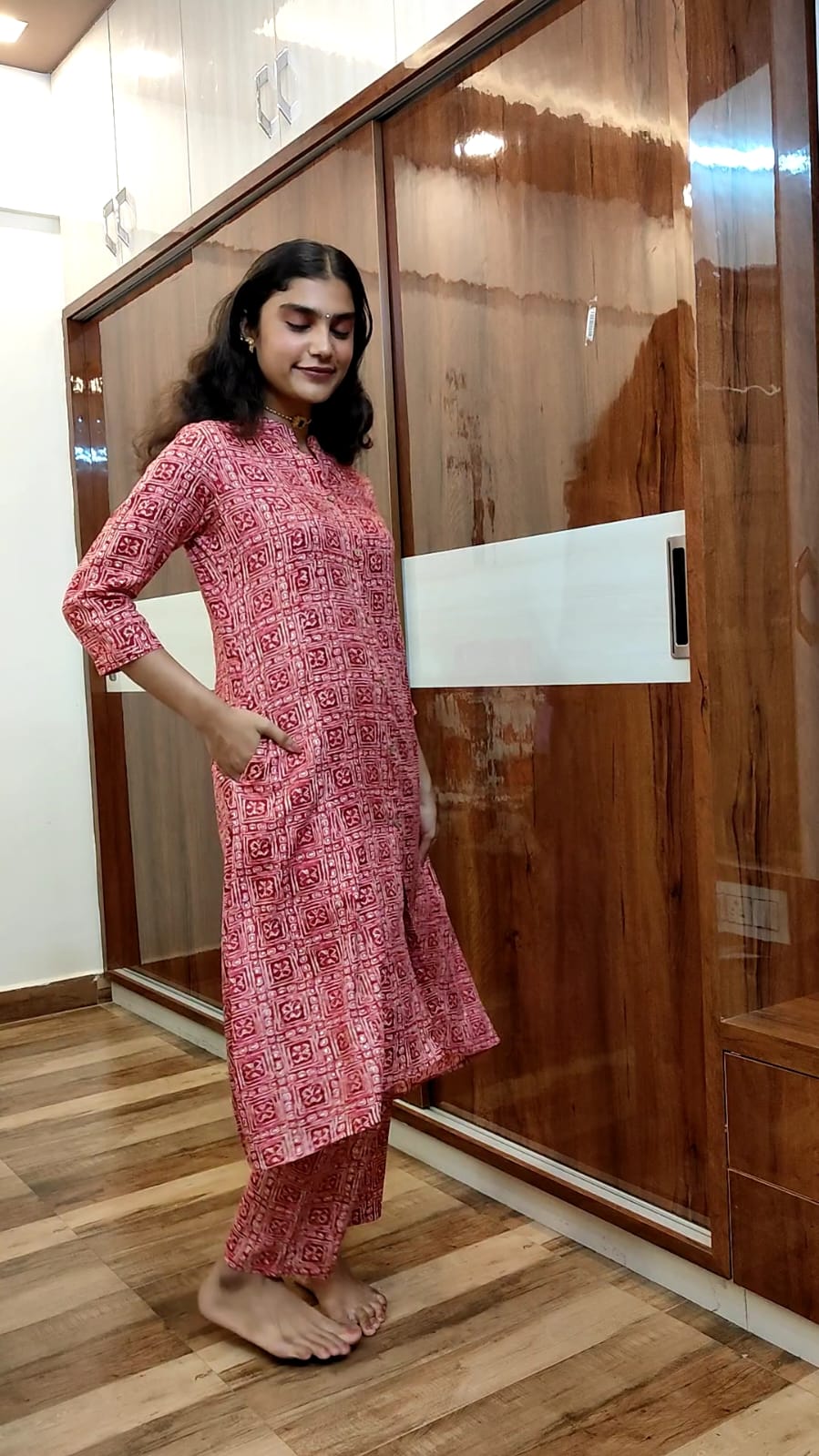 Rayon Two-Piece Set with Magenta and Off-White Floral Prints
