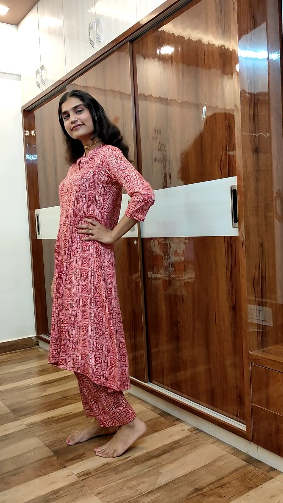 Rayon Two-Piece Set with Magenta and Off-White Floral Prints