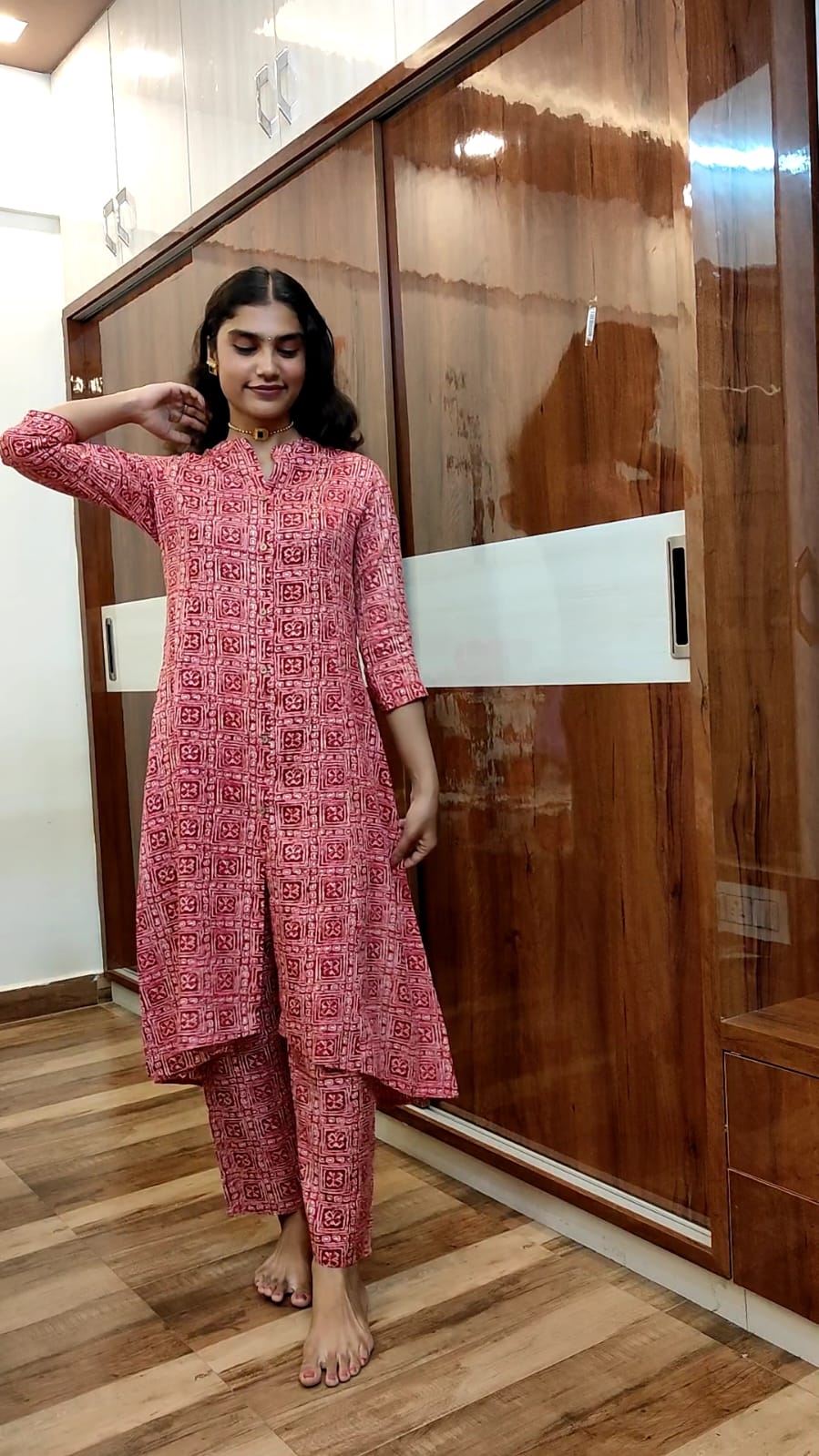 Rayon Two-Piece Set with Magenta and Off-White Floral Prints