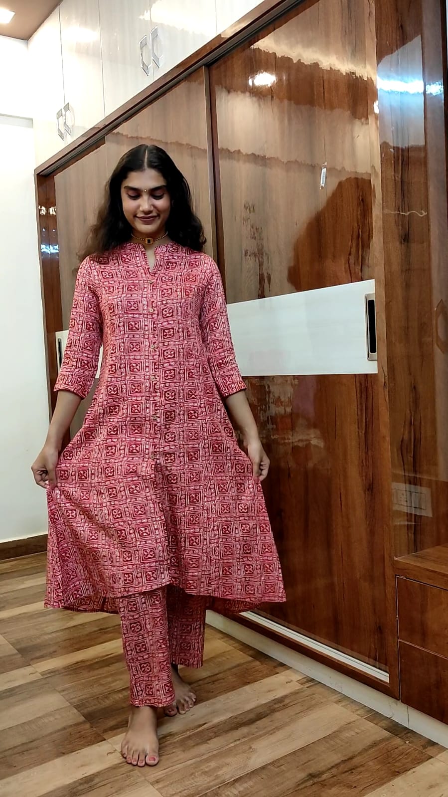 Rayon Two-Piece Set with Magenta and Off-White Floral Prints
