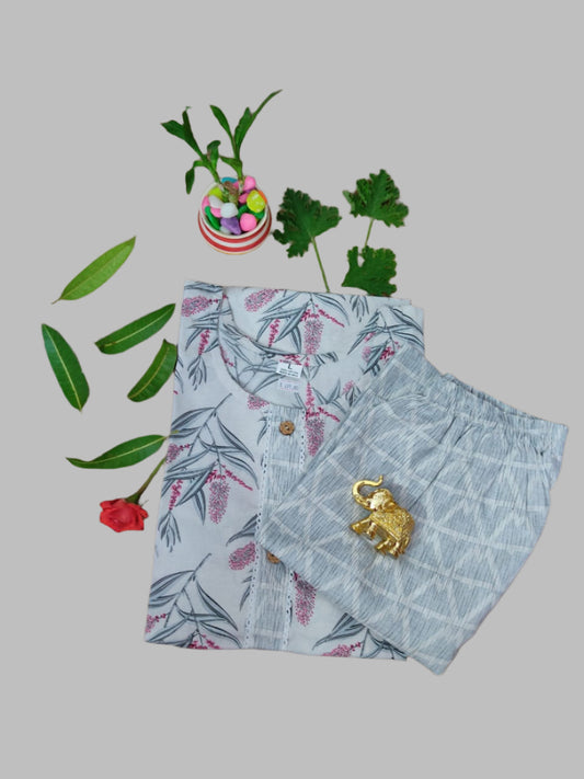 Cotton 2-Piece Kurti with Green and Magenta Floral Print on Off-White Background