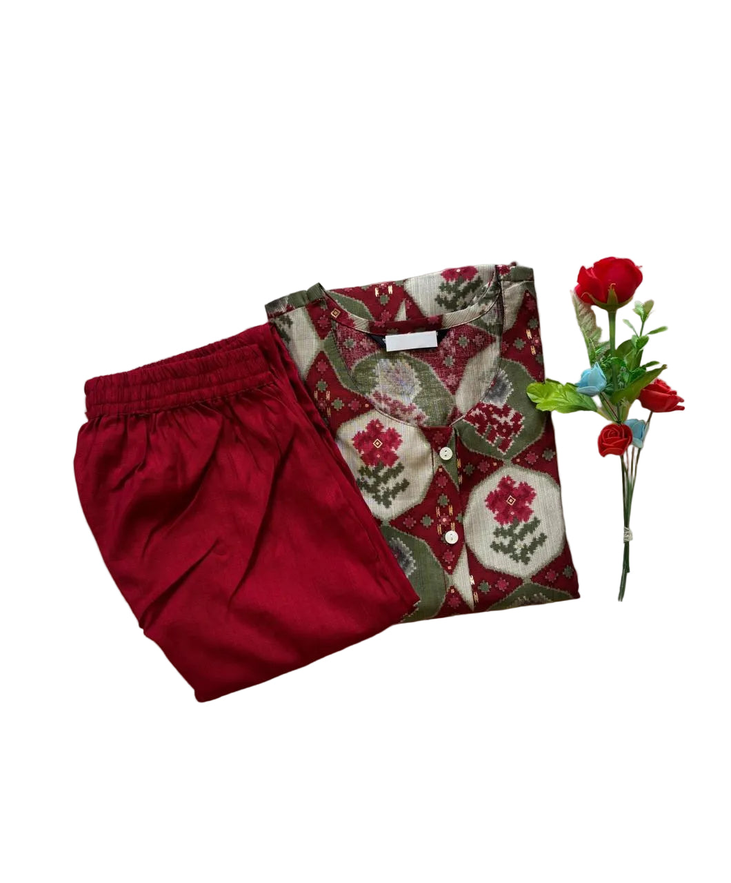 Maroon and Green Vatican Silk Two Piece Kurti Set