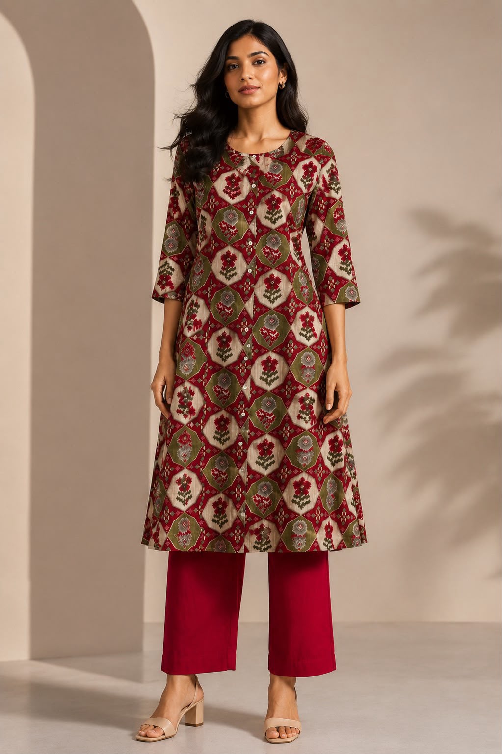 Maroon and Green Vatican Silk Two Piece Kurti Set