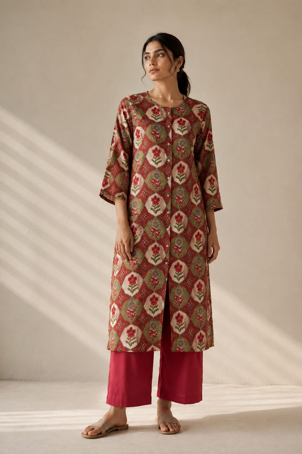 Maroon and Green Vatican Silk Two Piece Kurti Set