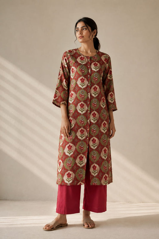 Maroon and Green Vatican Silk Two Piece Kurti Set