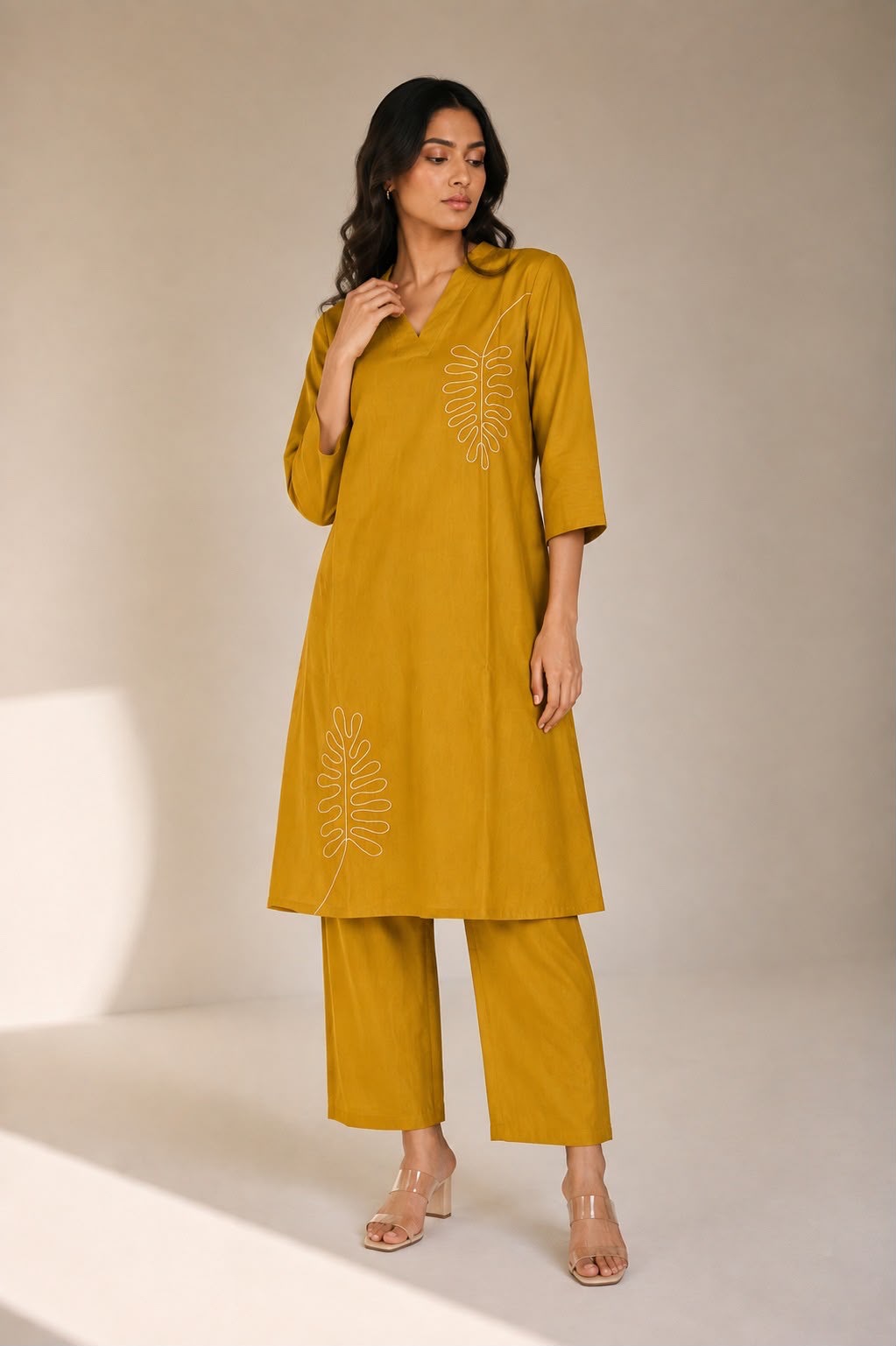 Light Mustard Yellow Vatican Silk Two Piece Kurti Set