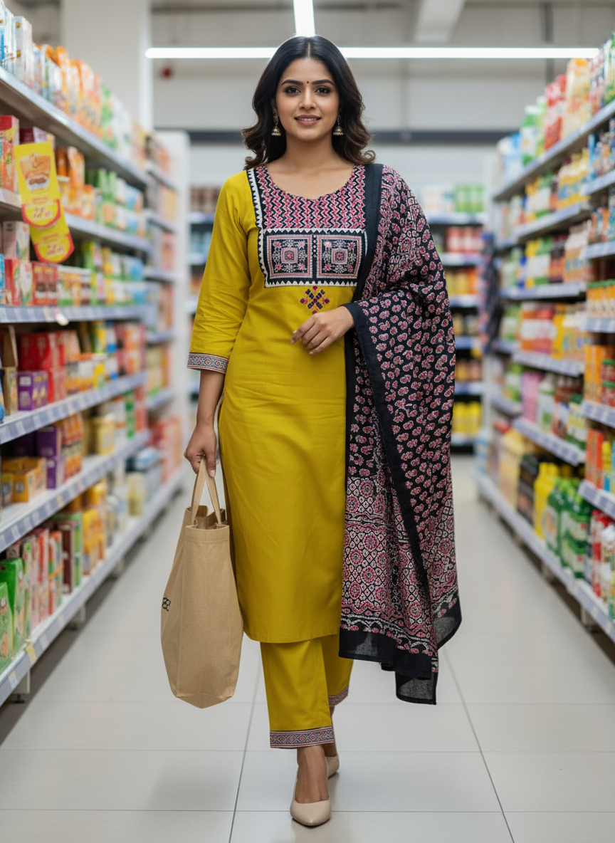 Mustard-Yellow Pure-Cotton Three-Piece Set