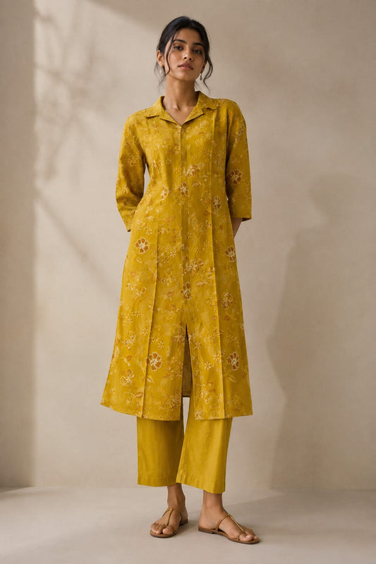 Olive Yellow Vatican Silk Two Piece Kurti Set