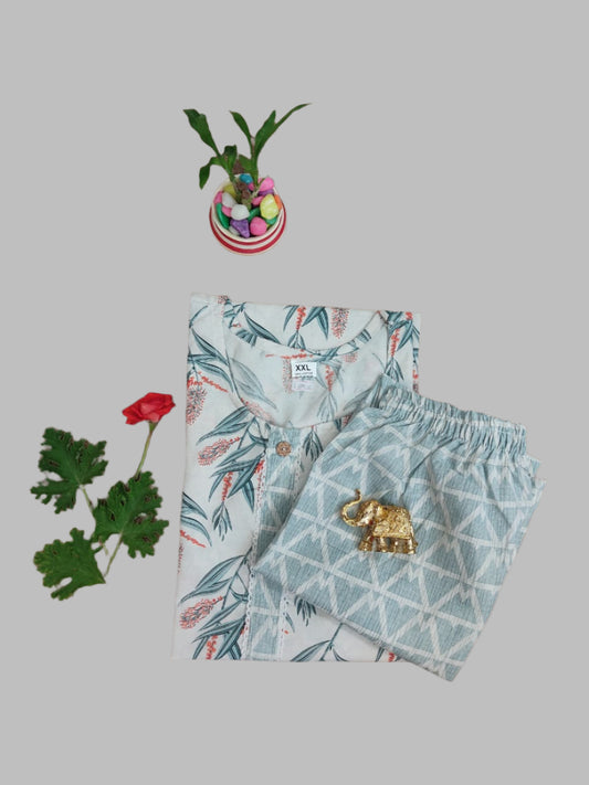 Cotton 2-Piece Kurti with Green and Coral Orange Floral Print on Off-White Background