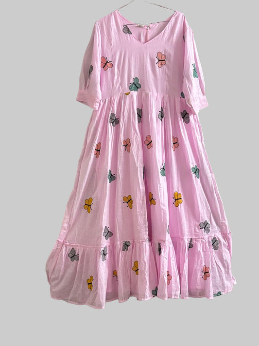 Baby-Pink Soft-Cotton Embroided Long Kurti Top