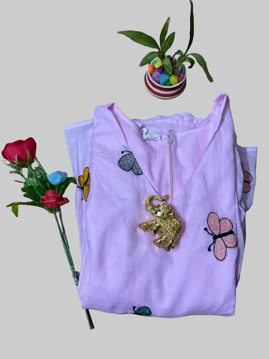 Baby-Pink Soft-Cotton Embroided Long Kurti Top