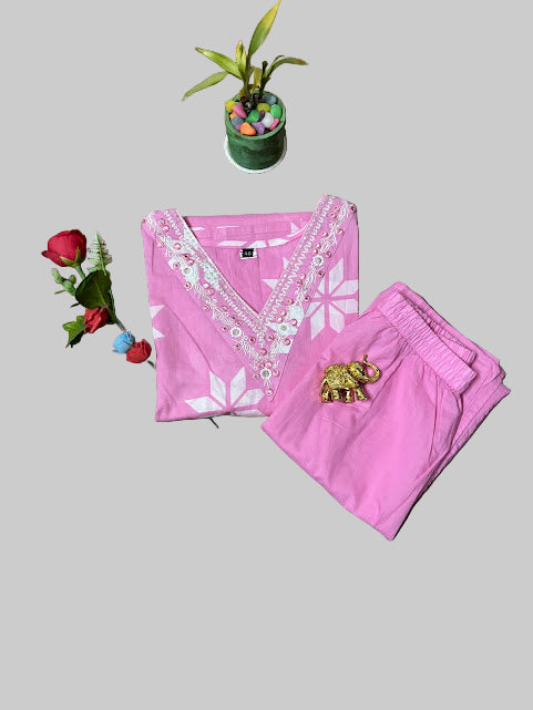 Pink Cotton Two Piece Kurti Set