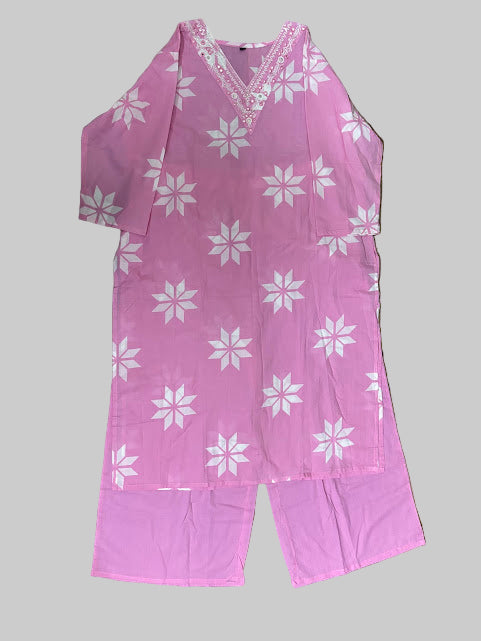 Pink Cotton Two Piece Kurti Set