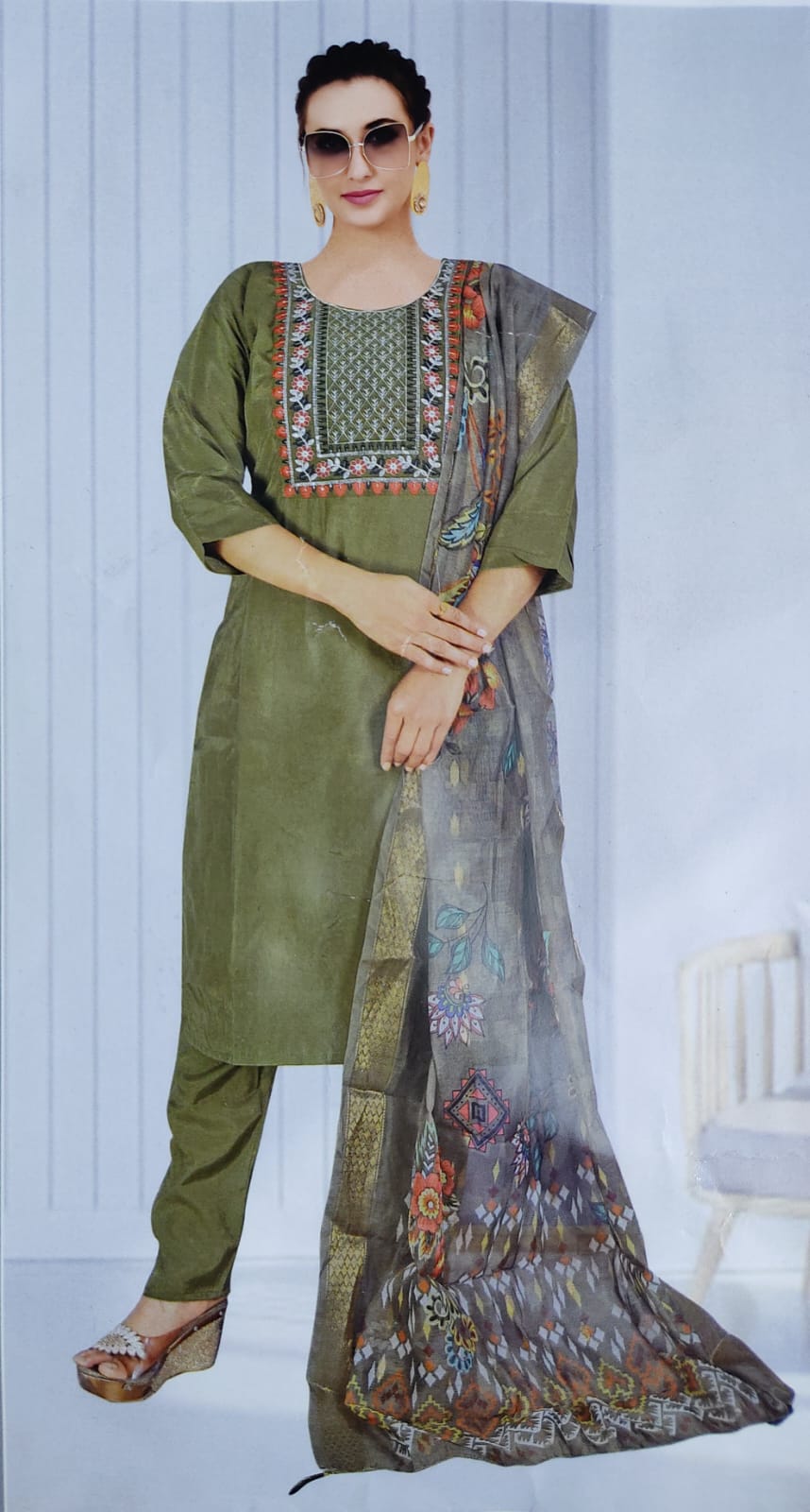 Olive Green Silk 3-Piece Designer Set