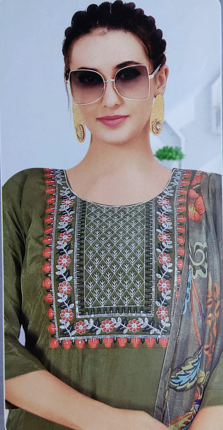 Olive Green Silk 3-Piece Designer Set