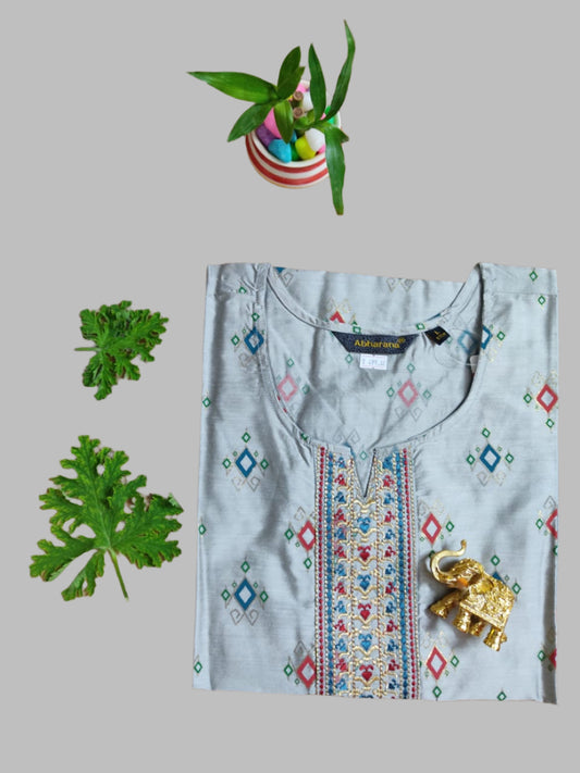 Silver Color Silk Embroidery Kurti Top