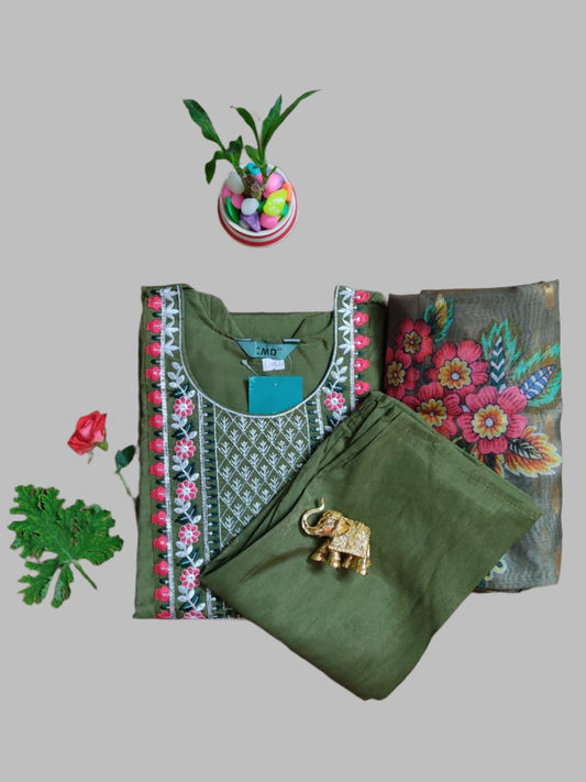 Olive Green Silk 3-Piece Designer Set