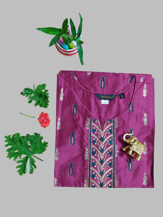 Wine/Maroon Color Silk Embroidery Kurti Top