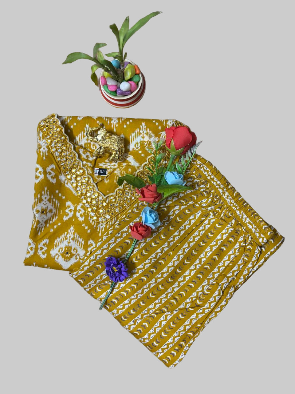 Mustard Yellow Cotton Two Piece Kurti Set