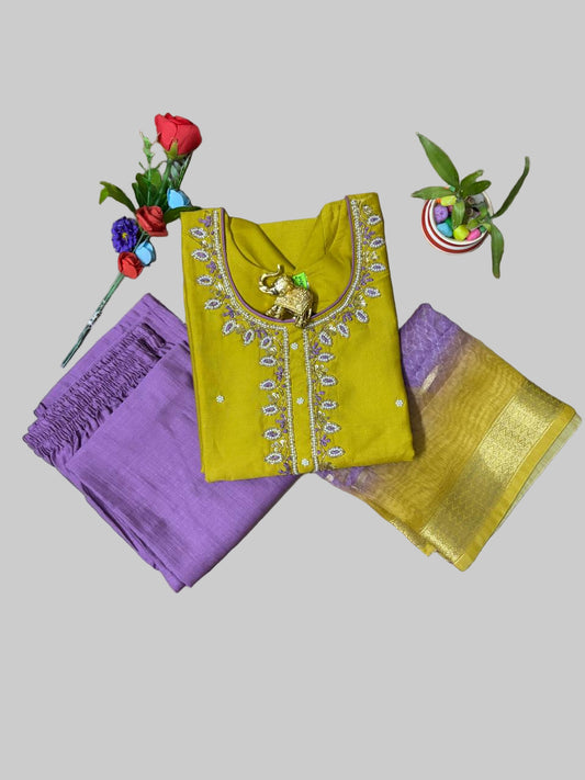 Mustard Yellow and Violet Vatican Silk Three Piece Kurti Set