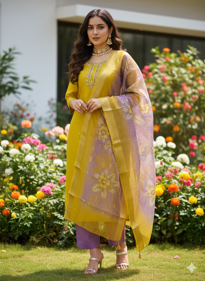 Mustard Yellow and Violet Vatican Silk Three Piece Kurti Set