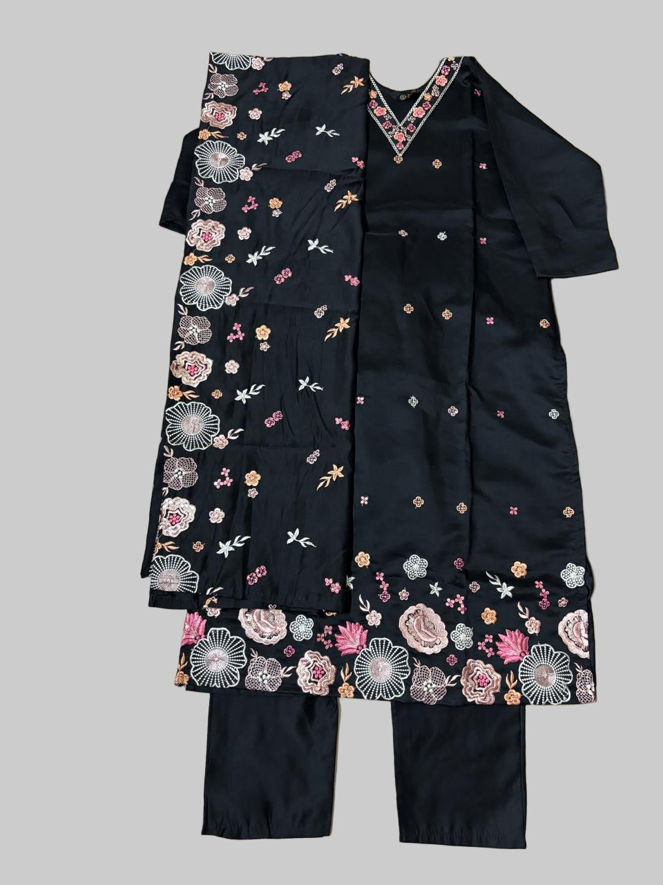 Black Roman Silk Three Piece Kurti Set