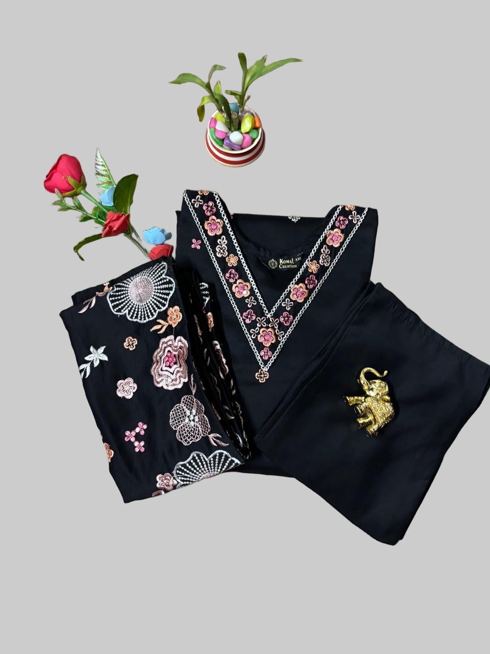 Black Roman Silk Three Piece Kurti Set