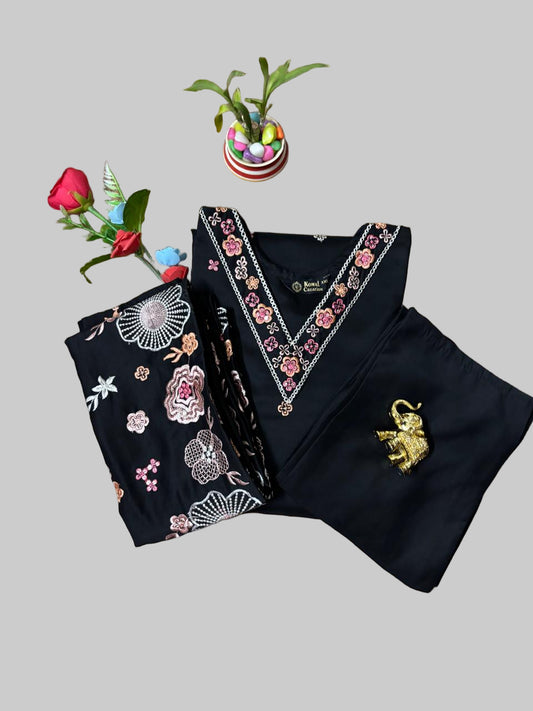 Black Roman Silk Three Piece Kurti Set