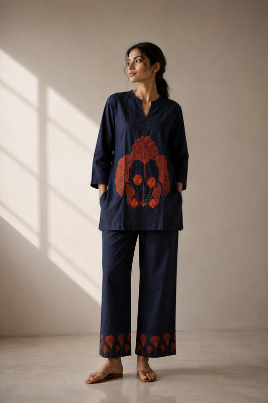Dark Blue Vatican Silk Two Piece Coord Set