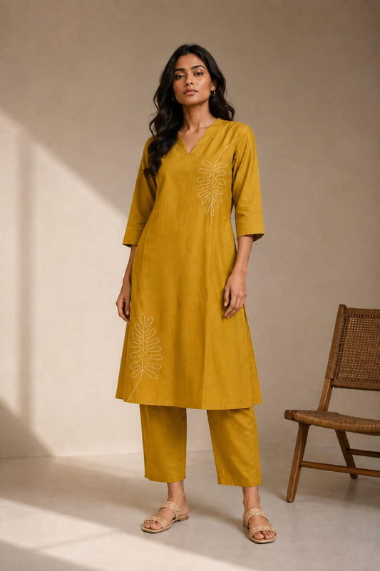 Light Mustard Yellow Vatican Silk Two Piece Kurti Set