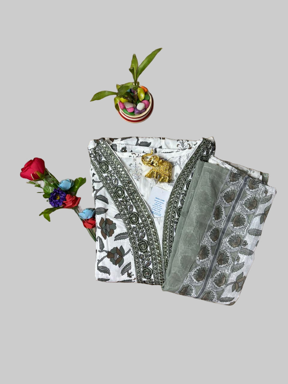 Gown Type White Cotton Kurti with Duppatta